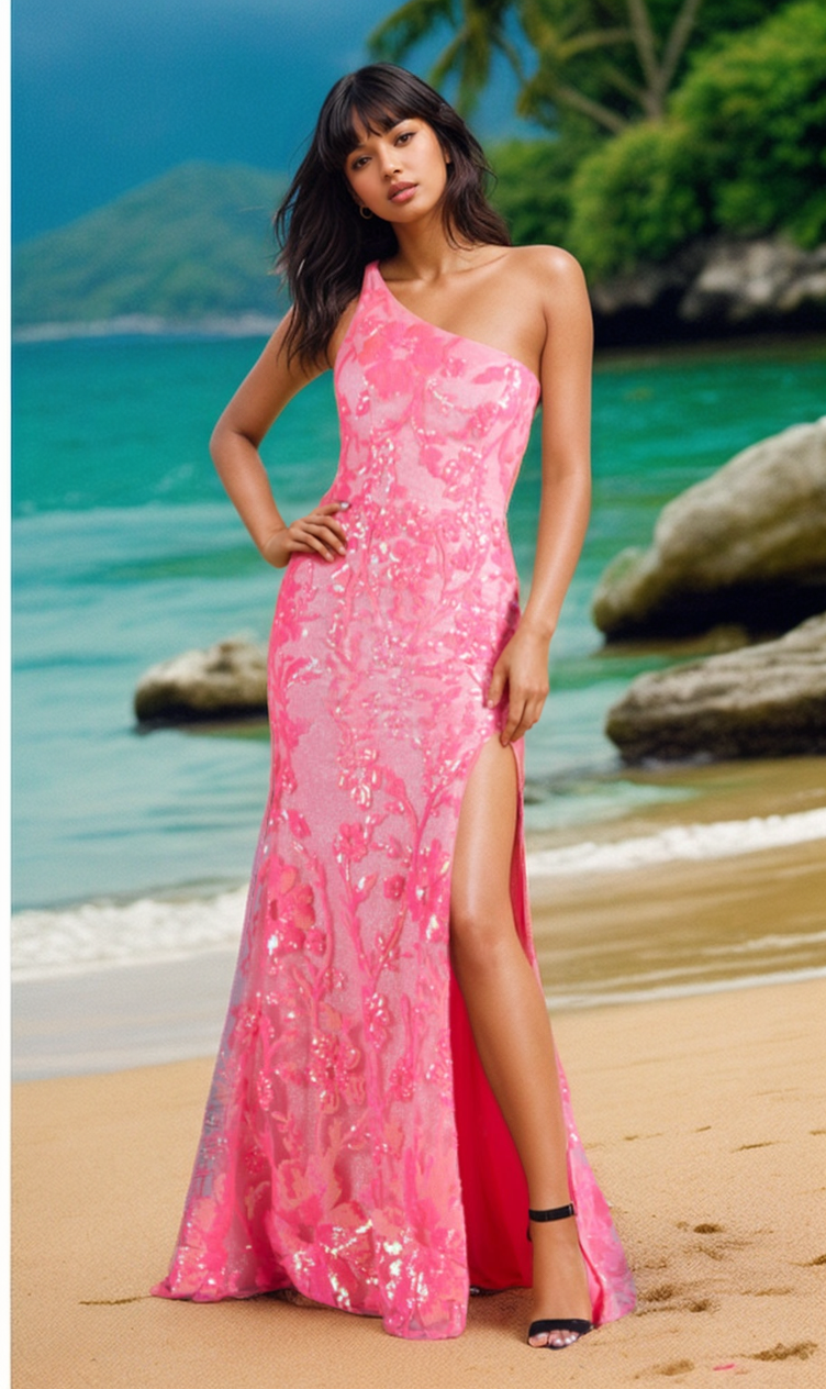 PromGirl One-Shoulder Neon Sequin Long Prom Dress