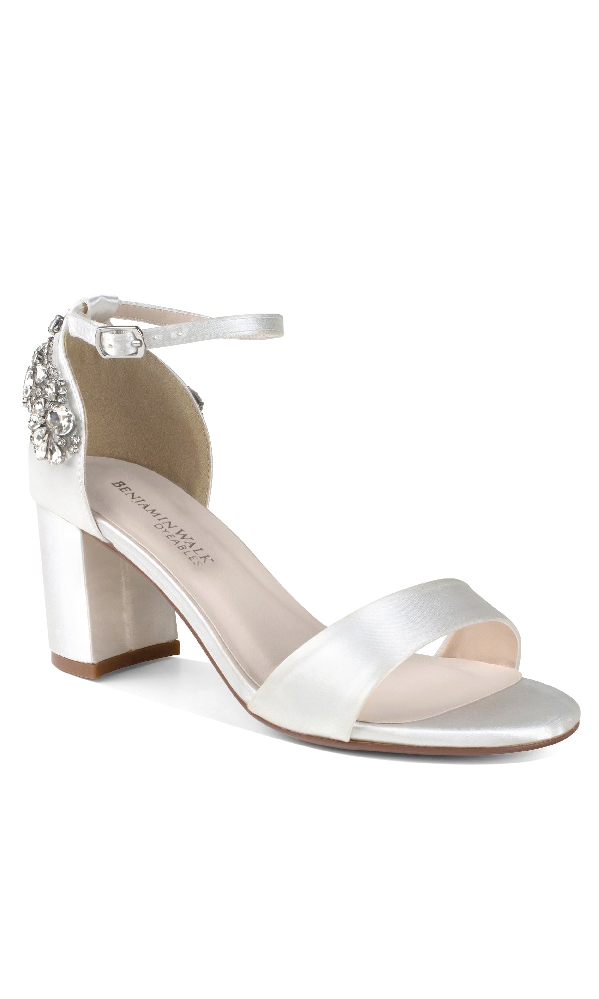 The Olivia White Satin Prom Shoes by Dyeables (4635) feature block heels, an ankle strap, jeweled open-toe design, and sparkling rhinestones on the heel—perfect for adding glamour to any look.