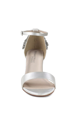 The Olivia White Satin Prom Shoes (Dyeables 4635) are white open-toe sandals with an ankle strap and jeweled heel accents, shown from the front on a plain white background.