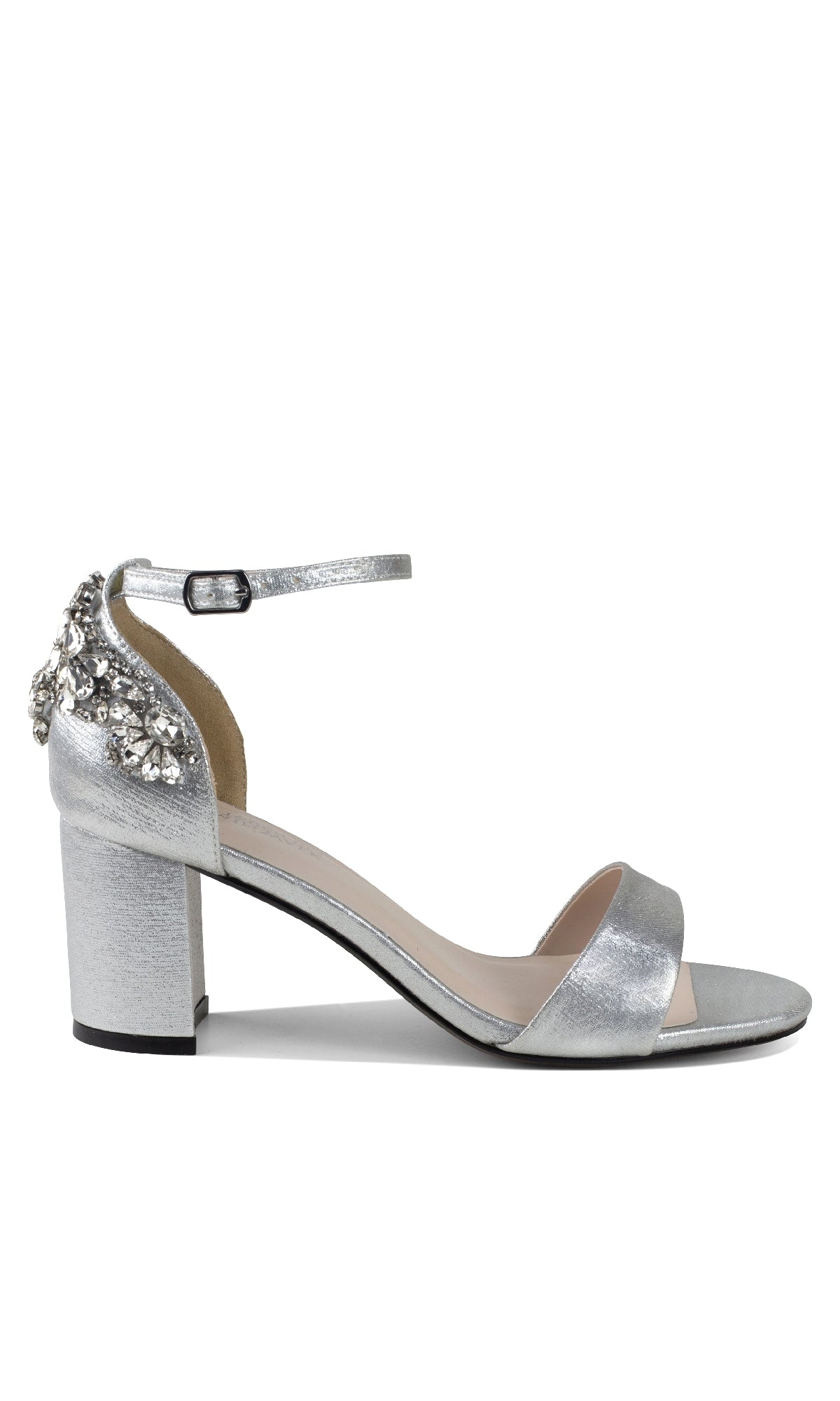 The Olivia Silver Shimmer Prom Shoes (Touch Ups 4636) feature an open toe, block heel, ankle strap, and dazzling jeweled embellishments on the heel counter—perfect for prom.