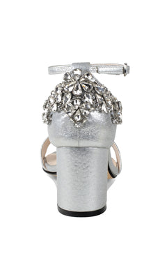 Olivia Silver Shimmer Prom Shoes (Touch Ups 4636) shown from the back with jeweled heels, rhinestone accents, and an ankle strap, set against a white background.