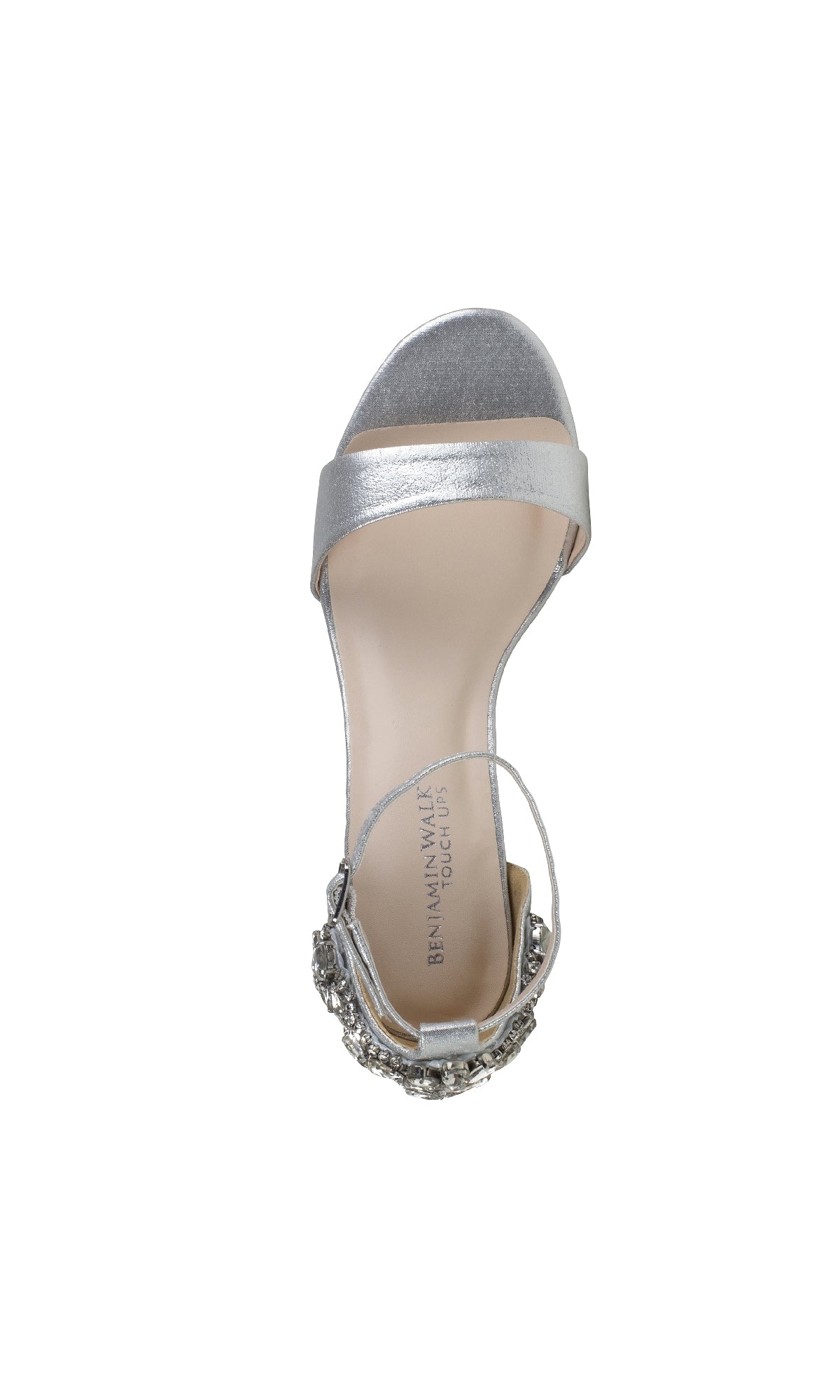 Top view of the Olivia Silver Shimmer Prom Shoes: Touch Ups 4636, a single silver open-toe sandal with ankle strap and jeweled detailing, perfect for prom or special occasions, displayed on a white background.