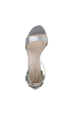 Top view of the Olivia Silver Shimmer Prom Shoes: Touch Ups 4636, a single silver open-toe sandal with ankle strap and jeweled detailing, perfect for prom or special occasions, displayed on a white background.