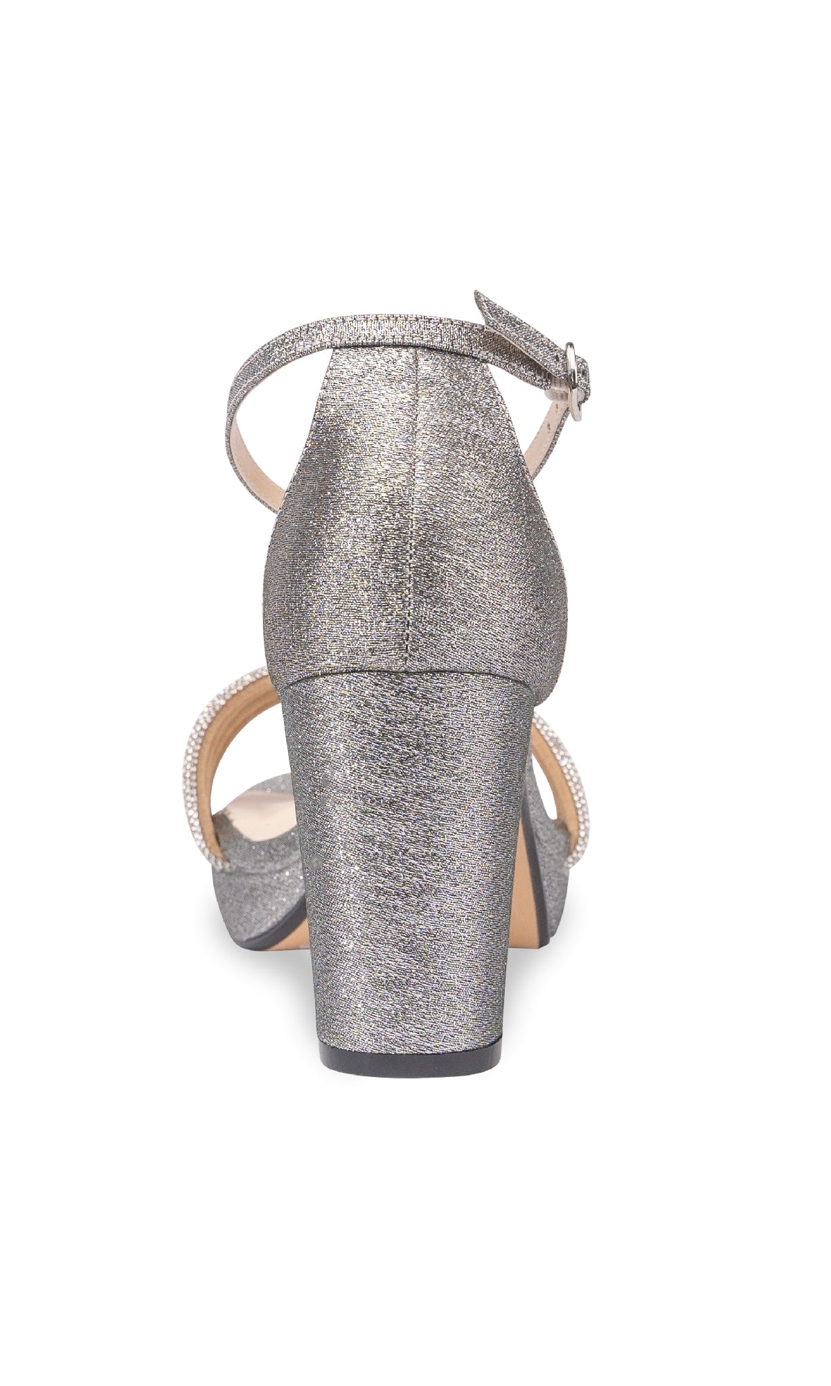 Back view of the Parker Pewter Glitter Prom Shoes by Touch Ups 4658, a metallic silver low heel with an ankle strap, buckle, slight shimmer, and sparkling open toe design.