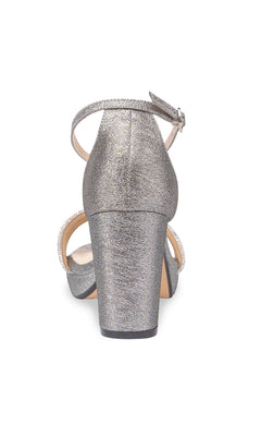 Back view of the Parker Pewter Glitter Prom Shoes by Touch Ups 4658, a metallic silver low heel with an ankle strap, buckle, slight shimmer, and sparkling open toe design.