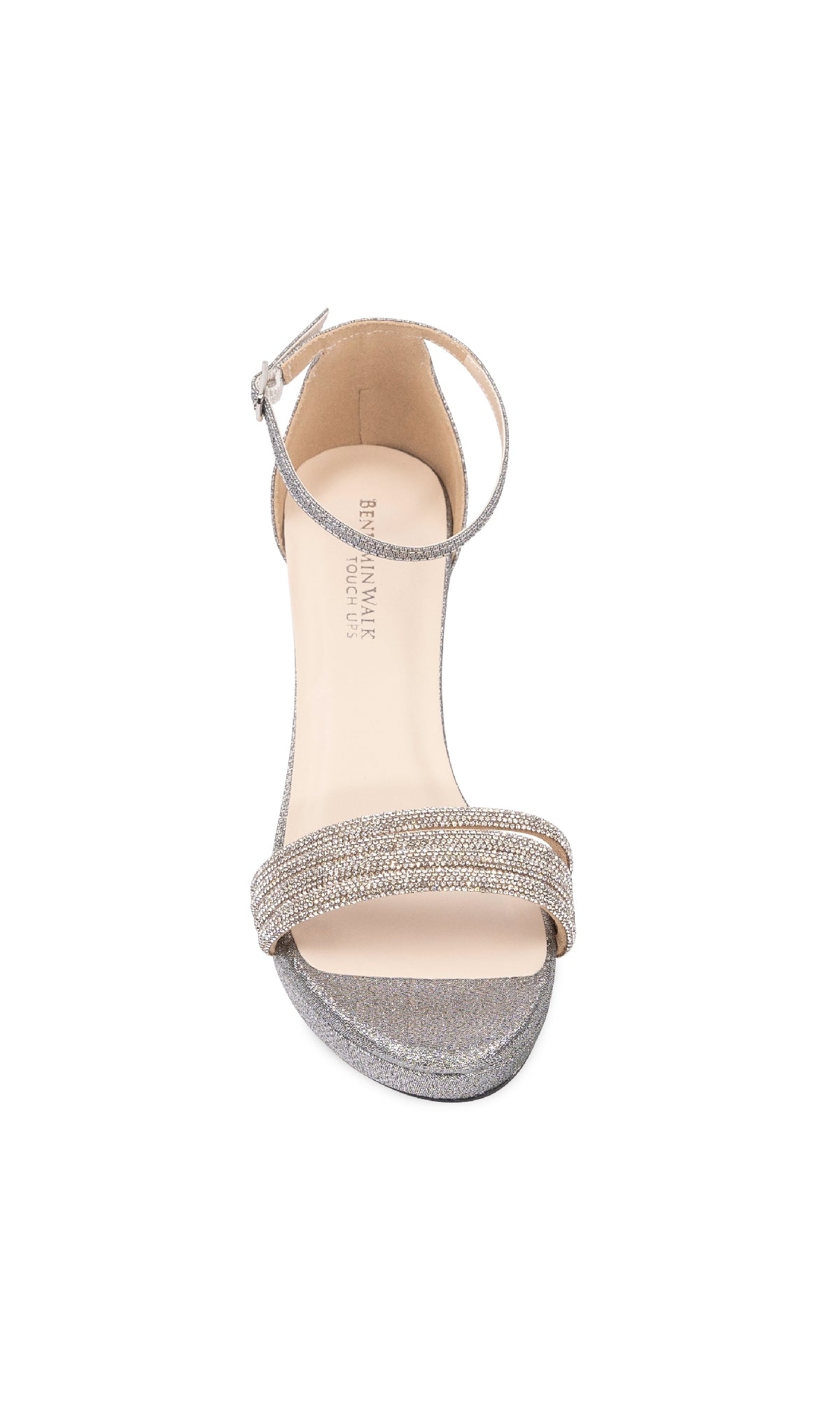 The Parker Pewter Glitter Prom Shoes (Touch Ups 4658) feature a low heel, open toe, and ankle strap, sparkling brilliantly against a white background.