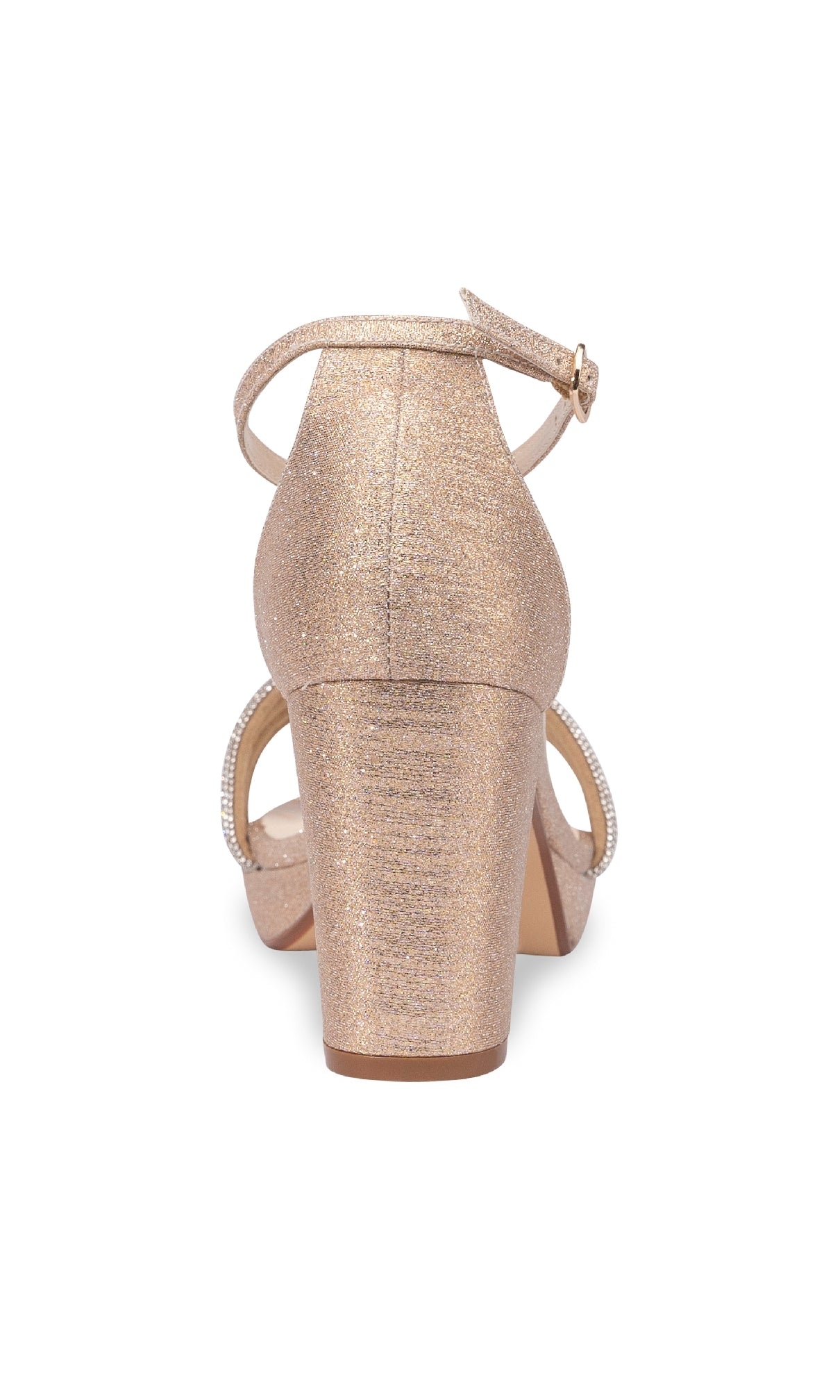 Back view of Parker Champagne Glitter Prom Shoes: Touch Ups 4659—closed-heel sandal with ankle strap, sparkling champagne glitter, and low block heel—ideal for prom on a white background.
