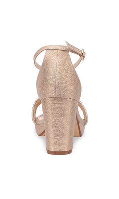 Back view of Parker Champagne Glitter Prom Shoes: Touch Ups 4659—closed-heel sandal with ankle strap, sparkling champagne glitter, and low block heel—ideal for prom on a white background.