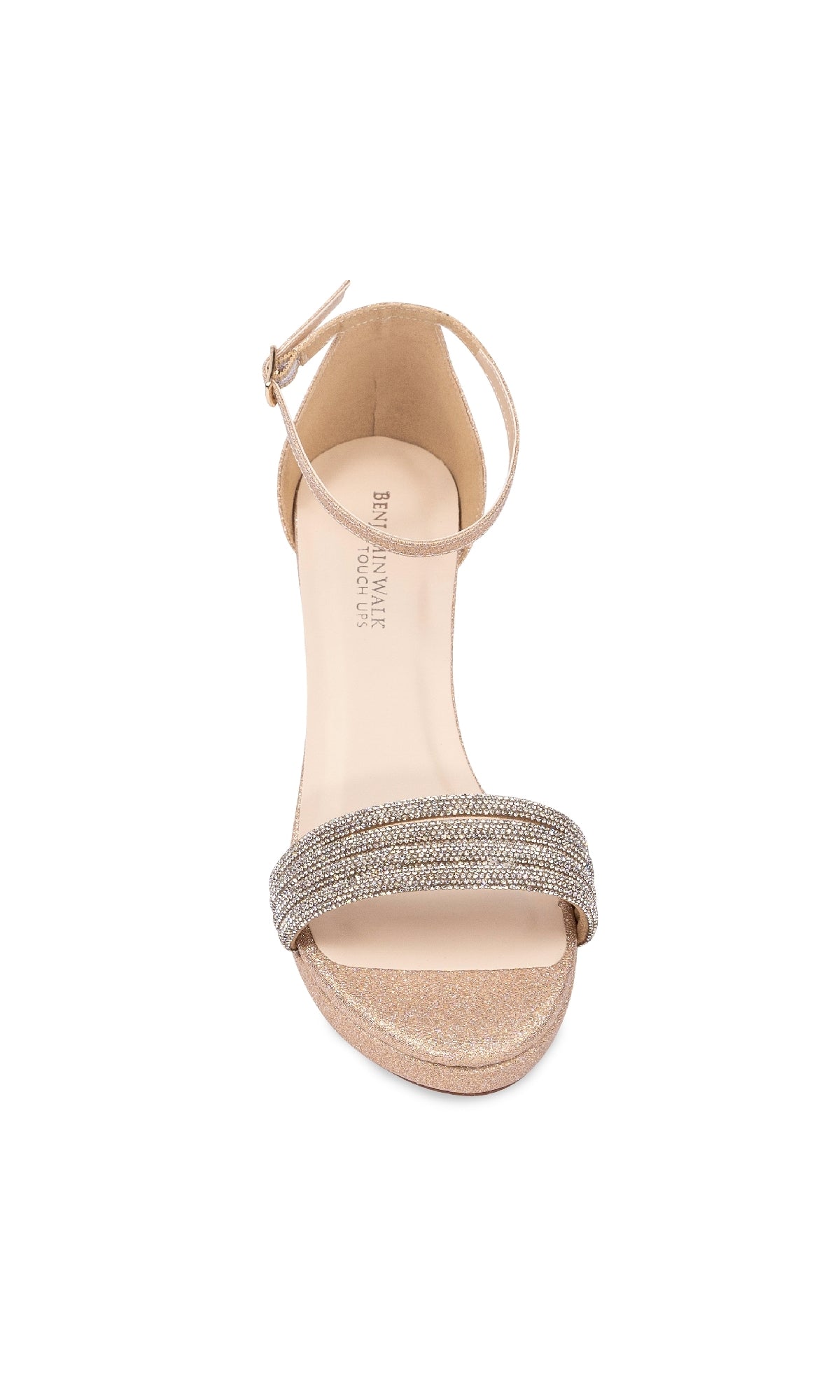 Top view of the Parker Champagne Glitter Prom Shoes: Touch Ups 4659, featuring an open toe, ankle strap, and beige insole, displayed on a white background.