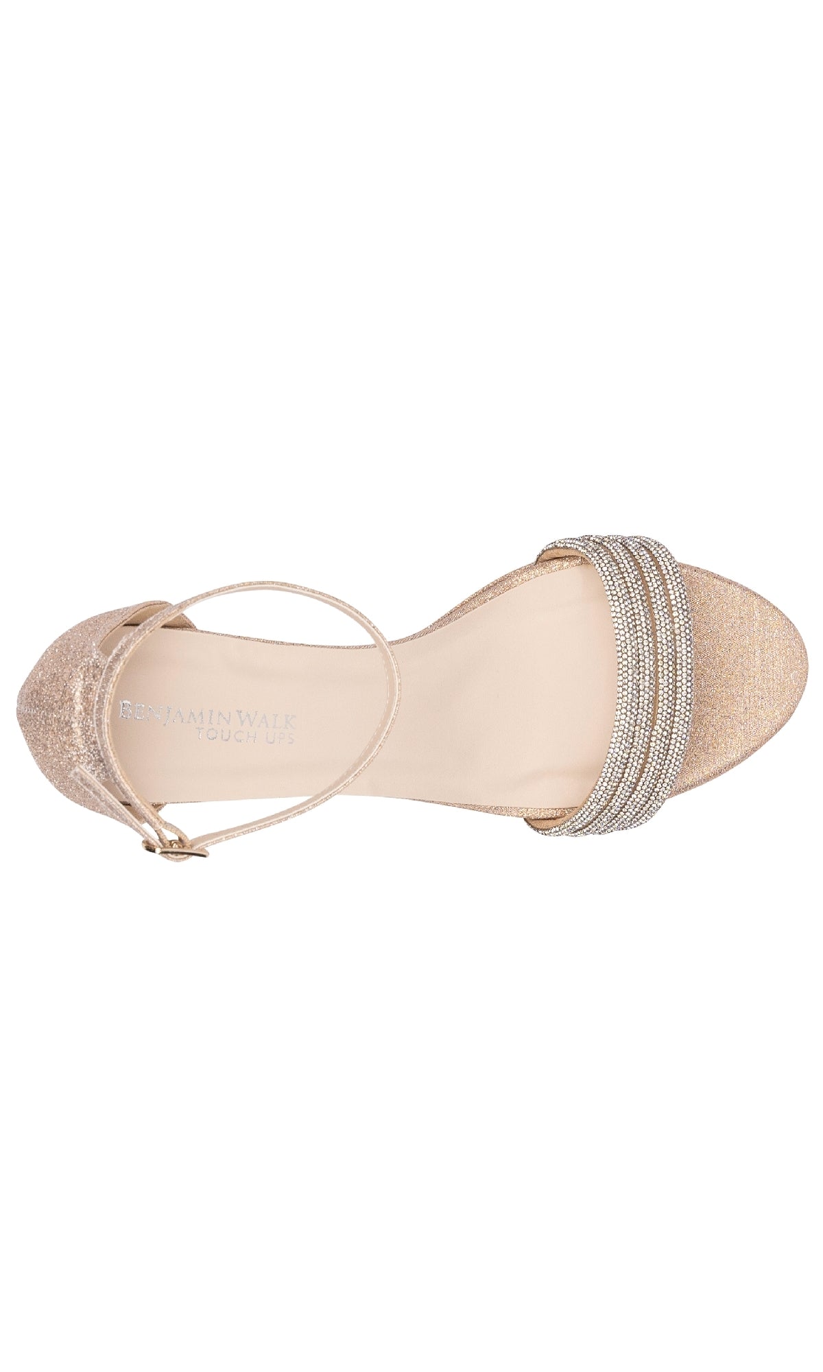 Top view of Parker Champagne Glitter Prom Shoes by Touch Ups 4659—beige open-toe with ankle strap and sparkling rhinestones across the toe, ideal for adding glamour to any special occasion.