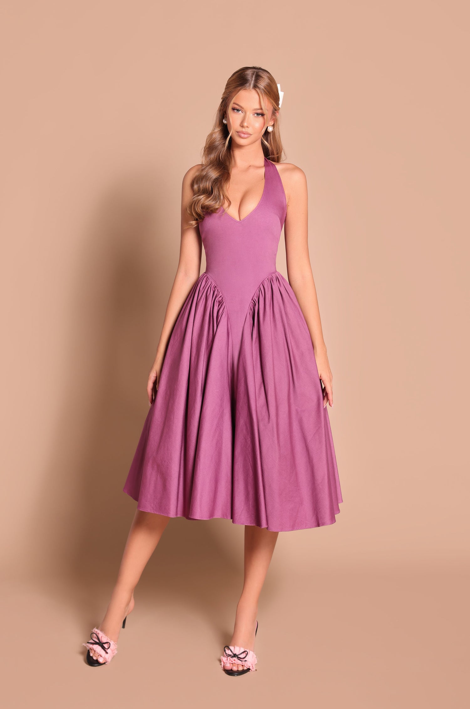 Rose Purple Halter Midi Summer Dress with Pockets PromGirl Rose Purple Halter Midi Summer Dress with Pockets PromGirl