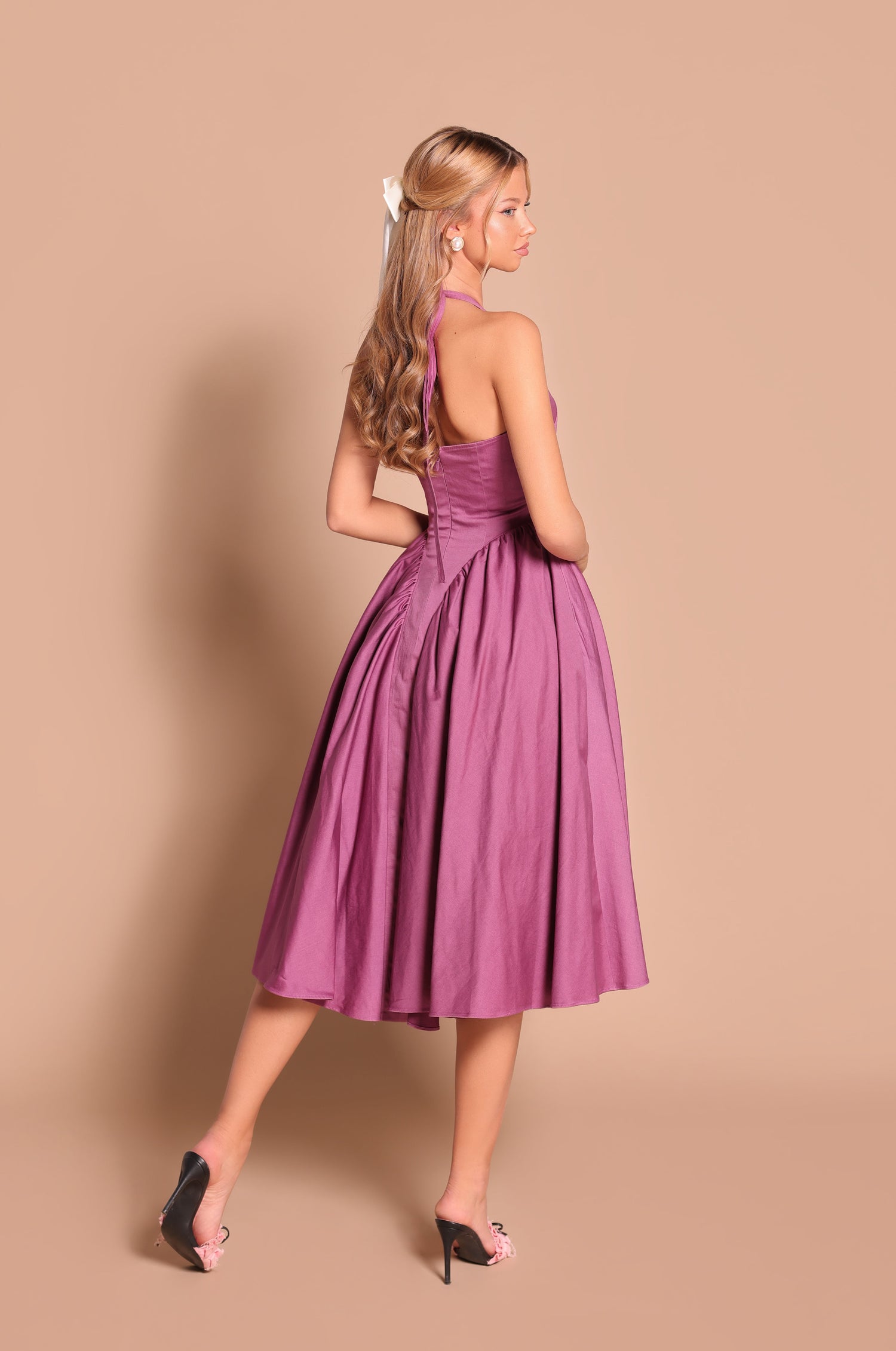 Rose Purple Halter Midi Summer Dress with Pockets– PromGirl