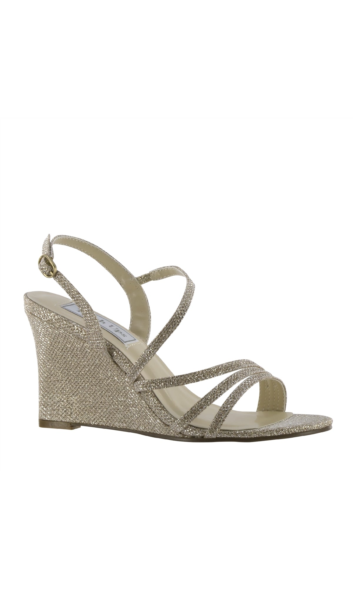The Phyllis Champagne Shimmer Prom Shoes (Touch Ups 4177) are glittery gold wedge sandals featuring multiple thin straps, an open-toe design, and an ankle buckle, displayed against a plain white background.