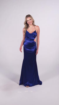 Cowl-Neck Long Cut-Out Navy Blue Prom Dress CL5282