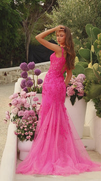 Amarra Long Pink Tulle Lace-Up Prom Dress 88837