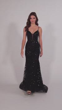 Long Black Sequin Ellie Wilde Prom Dress EW35039
