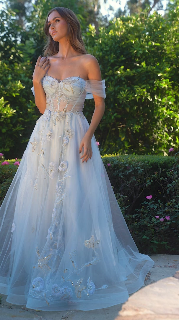 Andrea & Leo A1246 Floral Butterfly Embroidered Off Shoulder Ball Gown