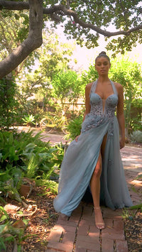Deep V-Neck Long Tulle Halter Prom Ball Gown A1128