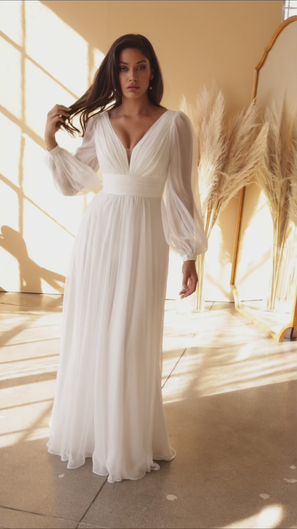 Long Sleeve White Chiffon Long Formal Dress