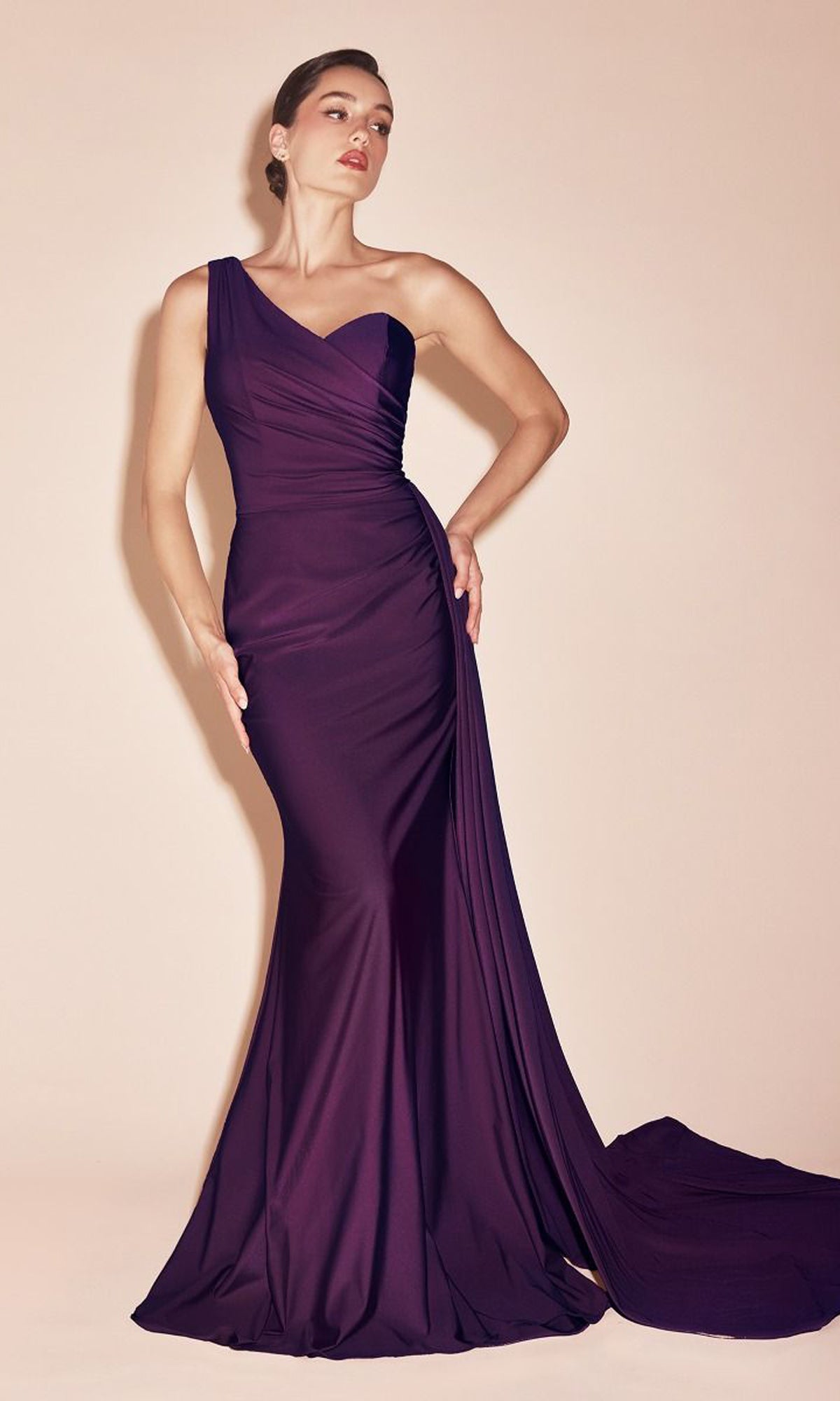 A woman wears the Plus-Size Long Sweetheart Prom Dress PT004C—a fitted, floor-length purple gown with a small train—posing against a plain light background.