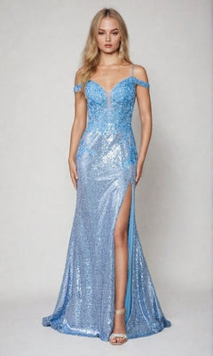 A woman faces forward against a plain background, wearing the Sheer-Corset Long Sequin Prom Dress (Poly USA 9398) in blue—an off-the-shoulder formal gown featuring sparkling sequins and a thigh-high slit.
