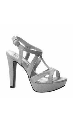 Step out in the Queenie Silver Glitter Prom Shoes by Touch Ups 4222, boasting a sparkling glitter finish, open toe, platform sole, ankle strap with buckle closure, and chic crisscross straps.