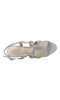 The Queenie Silver Glitter Prom Shoes (Touch Ups 4222) is a single open-toe shoe with an ankle strap and buckle closure, plus a low heel, all in sparkling silver glitter seen from above.