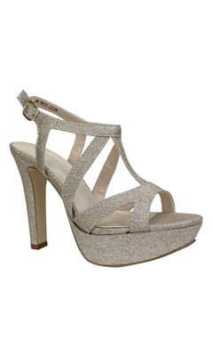The Queenie Champagne Glitter Prom Shoes (Touch Ups 4223) feature a 4-inch heel, ankle strap, open toe, and platform sole. Displayed on a white background, these sparkling heels are ideal for prom or any special occasion.