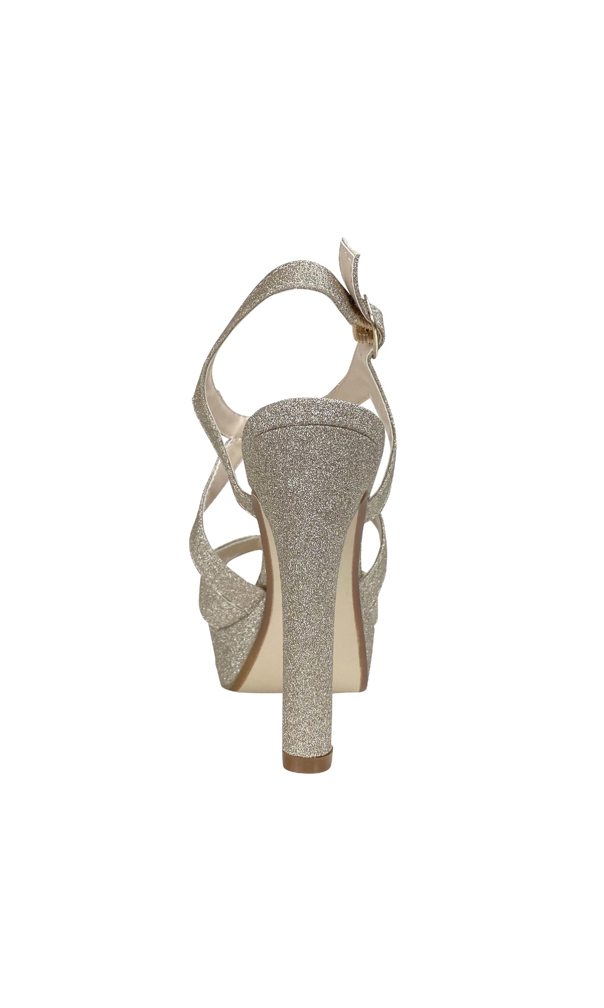 Rear view of the Queenie Champagne Glitter Prom Shoe (Touch Ups 4223), an open-toe heel with sparkling straps and a decorative bow on the ankle strap—ideal for those seeking glamorous 4-inch heels.