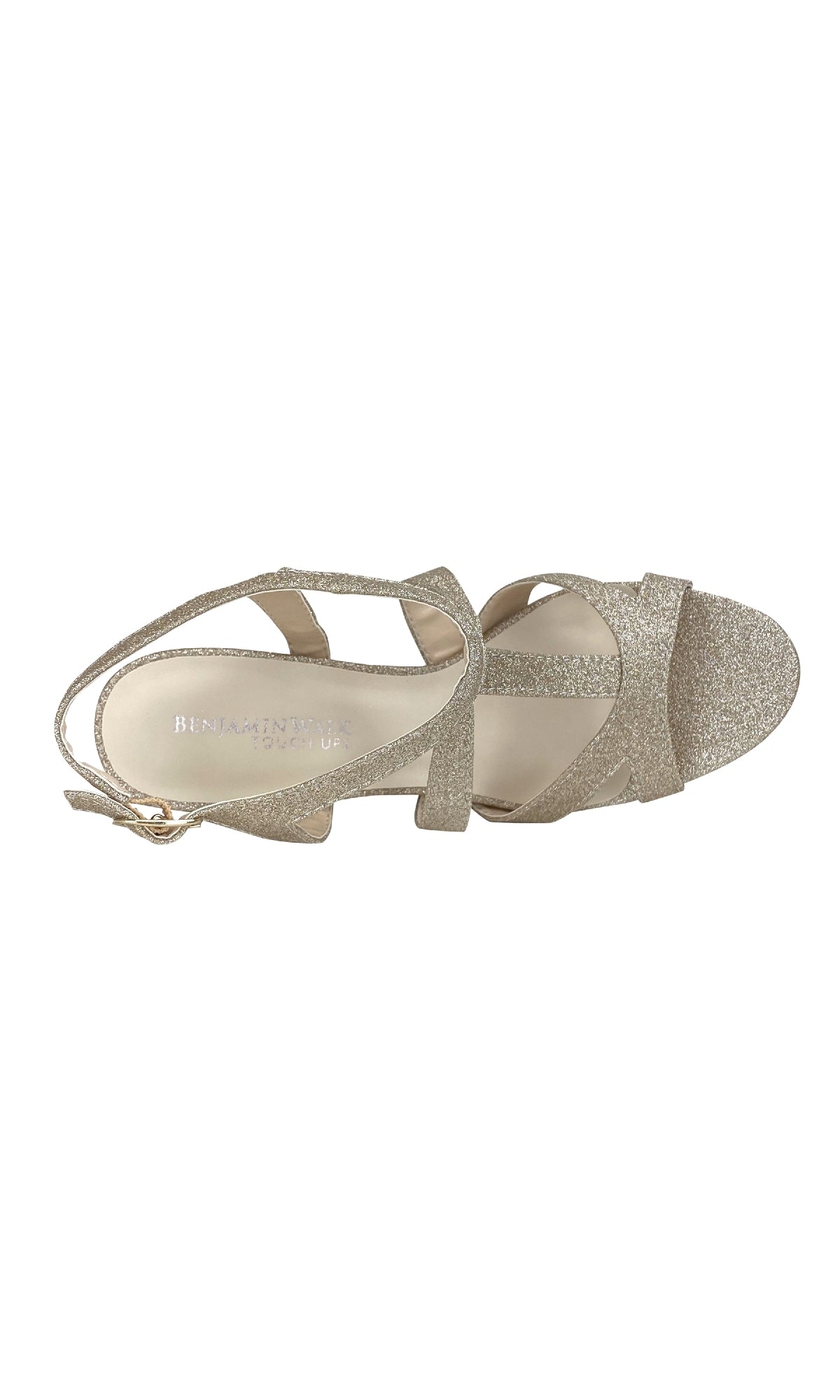 The Queenie Champagne Glitter Prom Shoe by Touch Ups 4223 features a low heel, ankle strap, and open toe in sparkling gold glitter, shown from above.