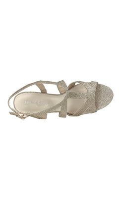 The Queenie Champagne Glitter Prom Shoe by Touch Ups 4223 features a low heel, ankle strap, and open toe in sparkling gold glitter, shown from above.