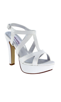 The Queenie White Crepe Prom Shoes by Dyeables 4287 feature open toes, multiple straps, a chic platform sole, and a secure ankle buckle—perfect for adding elegance to your look.