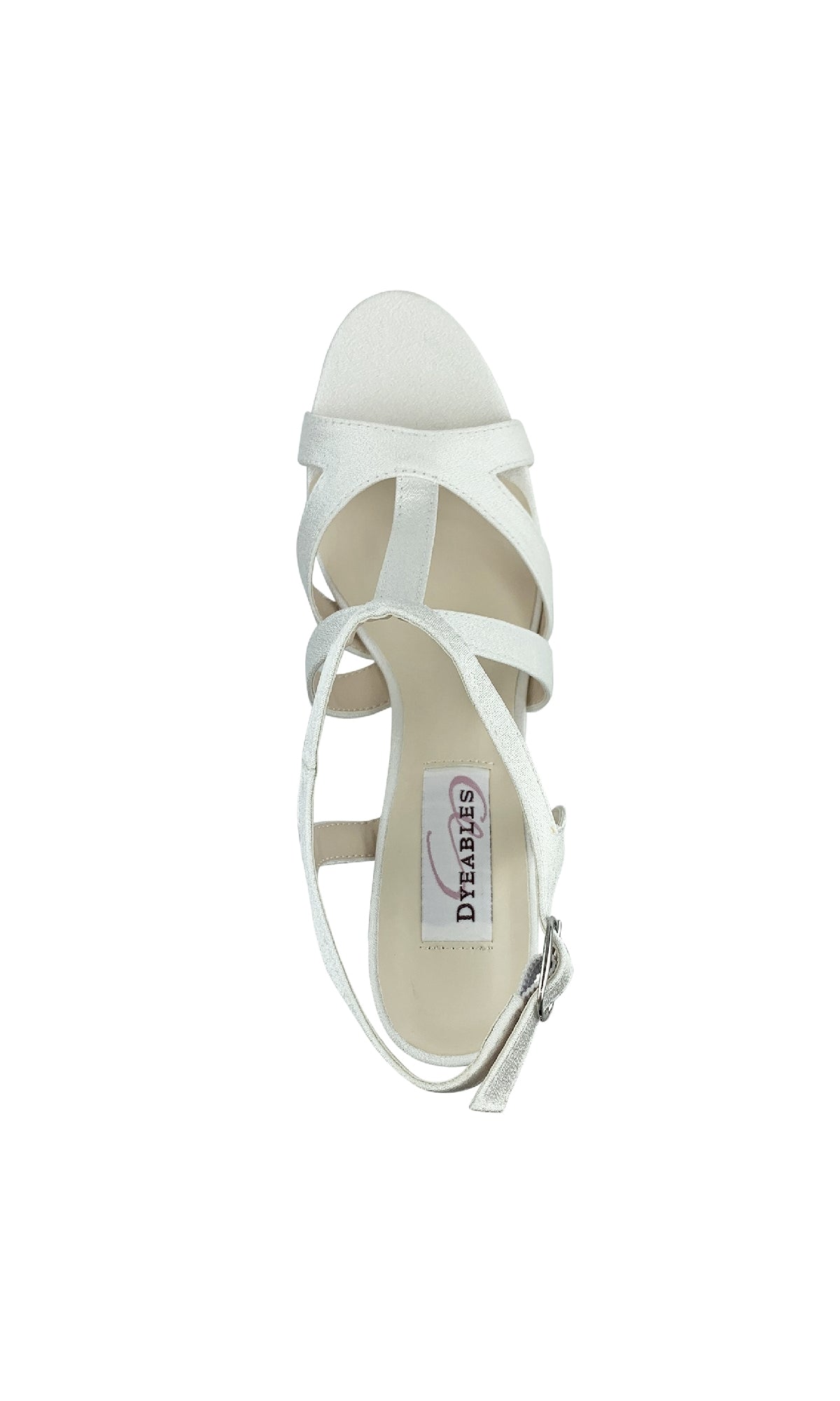 Top view of Queenie White Crepe Prom Shoes (Dyeables 4287): a white strappy open-toe heel with ankle buckle closure and 