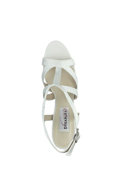 Top view of Queenie White Crepe Prom Shoes (Dyeables 4287): a white strappy open-toe heel with ankle buckle closure and "Dyeables" branding visible on the insole.