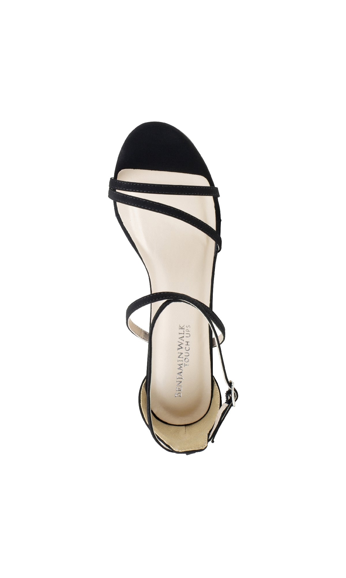 Reign Black Formal Prom Shoes: Touch Ups 4645—black open-toe heels with thin crisscross straps and a buckle, viewed from above. Ideal for formal events and proms; insole features the brand name.