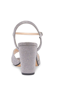 Rear view of Riley High-Heel Silver Prom Shoes: Touch Ups 4656—a glitter block-heeled sandal with ankle strap and adjustable buckle, ideal for making a sparkling entrance at prom.