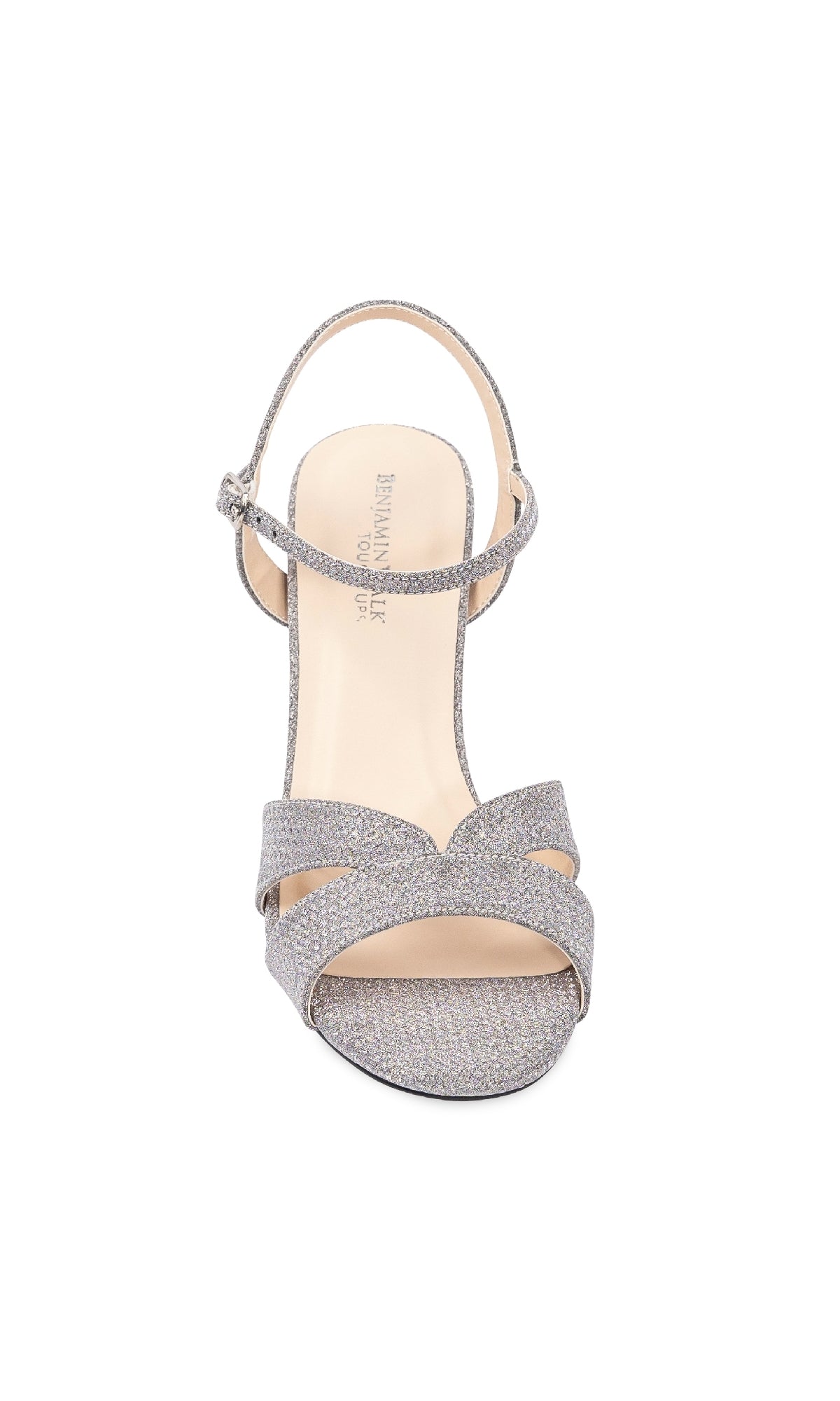 Front view of the Riley High-Heel Silver Prom Shoes: Touch Ups 4656—a silver glittery sandal with ankle strap and open toe, perfect for prom—displayed against a white background.