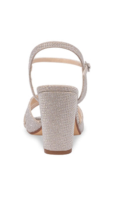 Back view of Riley 2.5" Champagne Prom Shoes (Touch Ups 4657)—a glittery, open-toe block heel with ankle strap and buckle—displayed against a plain white background.