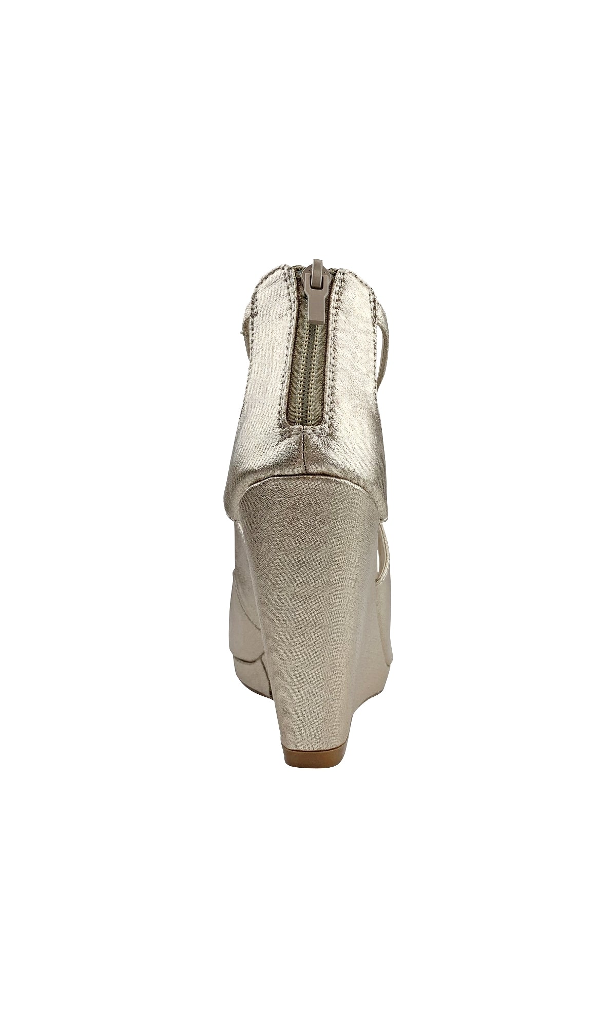 Rear view of the Rory Champagne Shimmer Prom Shoes: Touch Ups 4477—a metallic high-heel wedge sandal with a closed heel and vertical back zipper, ideal for adding elegant sparkle to any prom look.