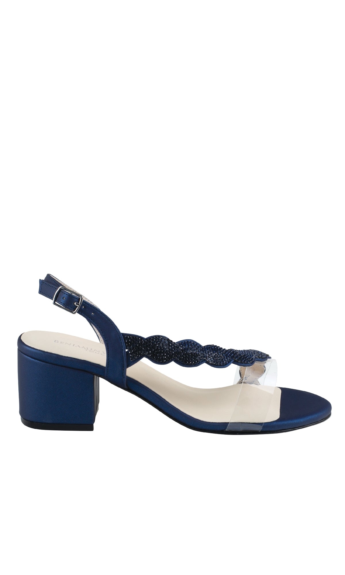 The Ruby Navy Blue Metallic Prom Shoes: Touch Ups 4592 feature a low block heel, ankle strap, clear front strap, and wavy textured detailing—ideal metallic navy blue prom shoes for a stylish evening look.