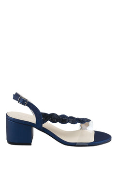 The Ruby Navy Blue Metallic Prom Shoes: Touch Ups 4592 feature a low block heel, ankle strap, clear front strap, and wavy textured detailing—ideal metallic navy blue prom shoes for a stylish evening look.