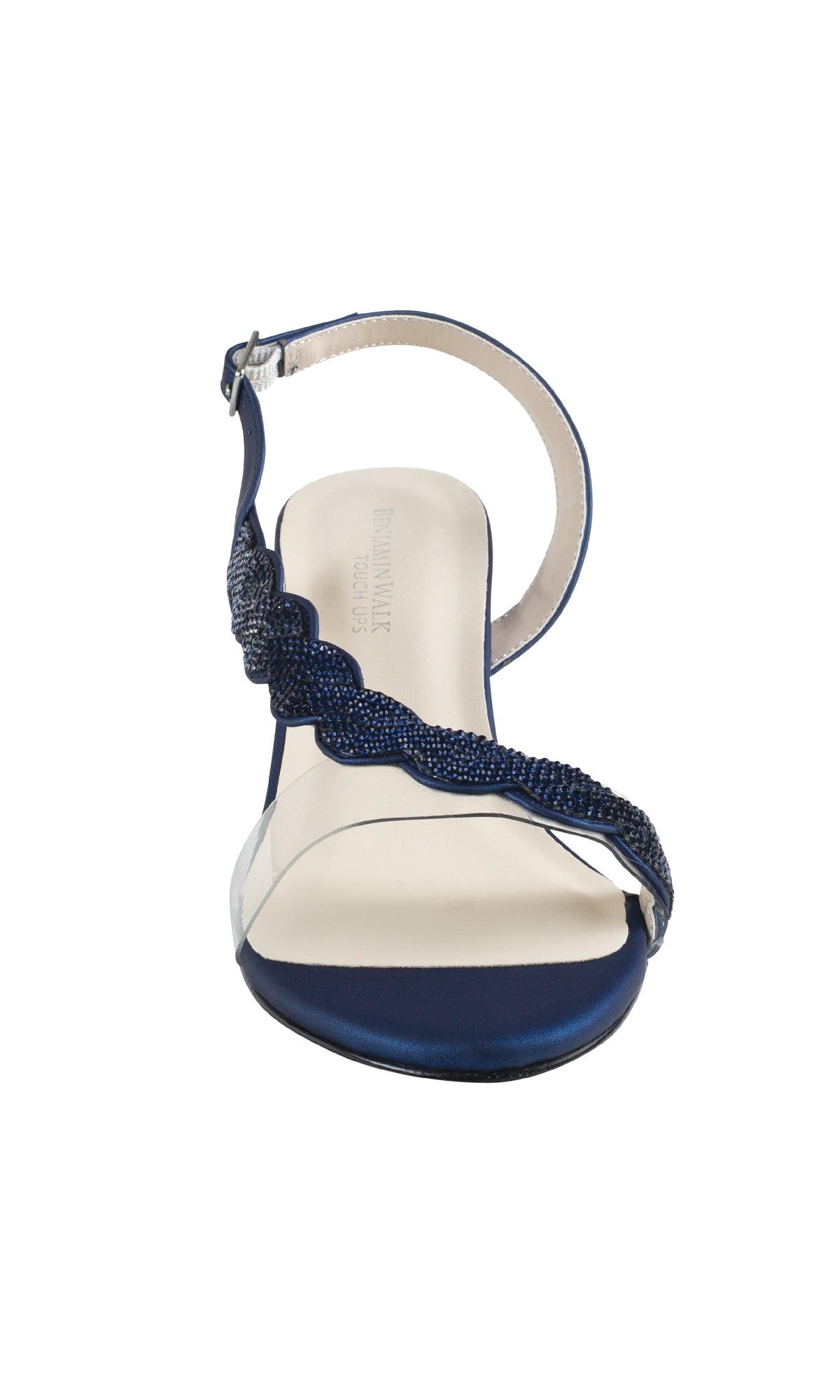 The Ruby Navy Blue Metallic Prom Shoes (Touch Ups 4592) are open-toe sandals with beaded straps, low block heels, and an ankle buckle, shown from the front against a white background.
