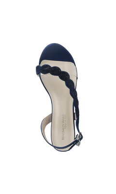 Top view of Ruby Navy Blue Metallic Prom Shoes by Touch Ups 4592: an open-toe sandal with scalloped strap, ankle buckle, low block heels, and Benjamin Walk Collection logo on the insole.