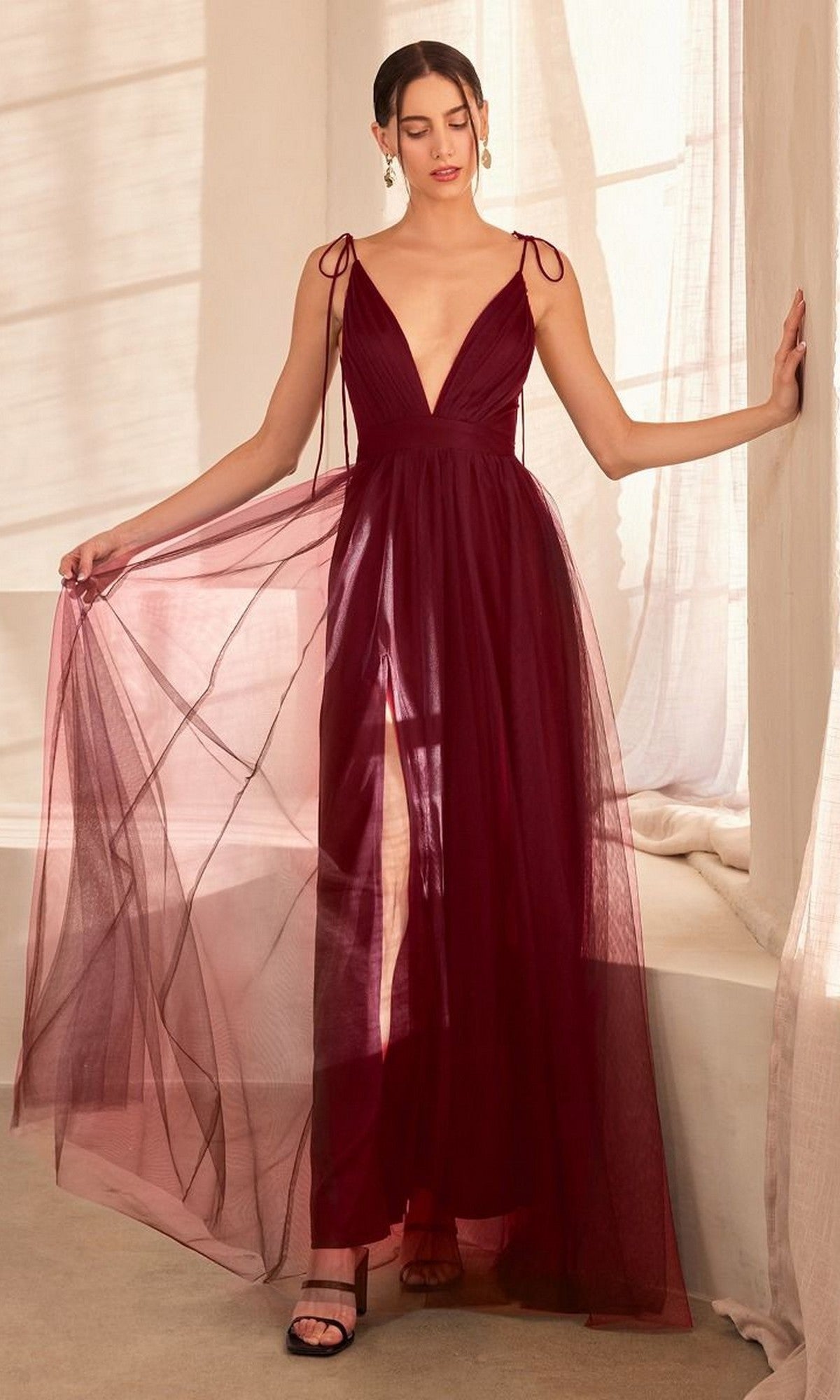 Double-Slit Long V-Neck Prom Dress: Amoris SE005 Burgundy / Small Double-Slit Long V-Neck Prom Dress: Amoris SE005 Burgundy / Small