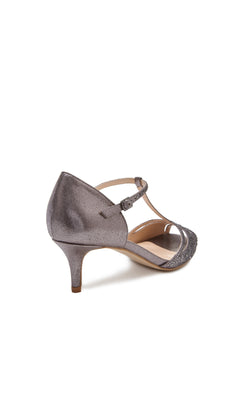 The Seva Pewter Prom Shoes (Paradox London P1837) are silver kitten heel sandals with a low heel, open toe, and two thin ankle straps—ideal sparkly heels for prom, shown from the back and side on a white background.