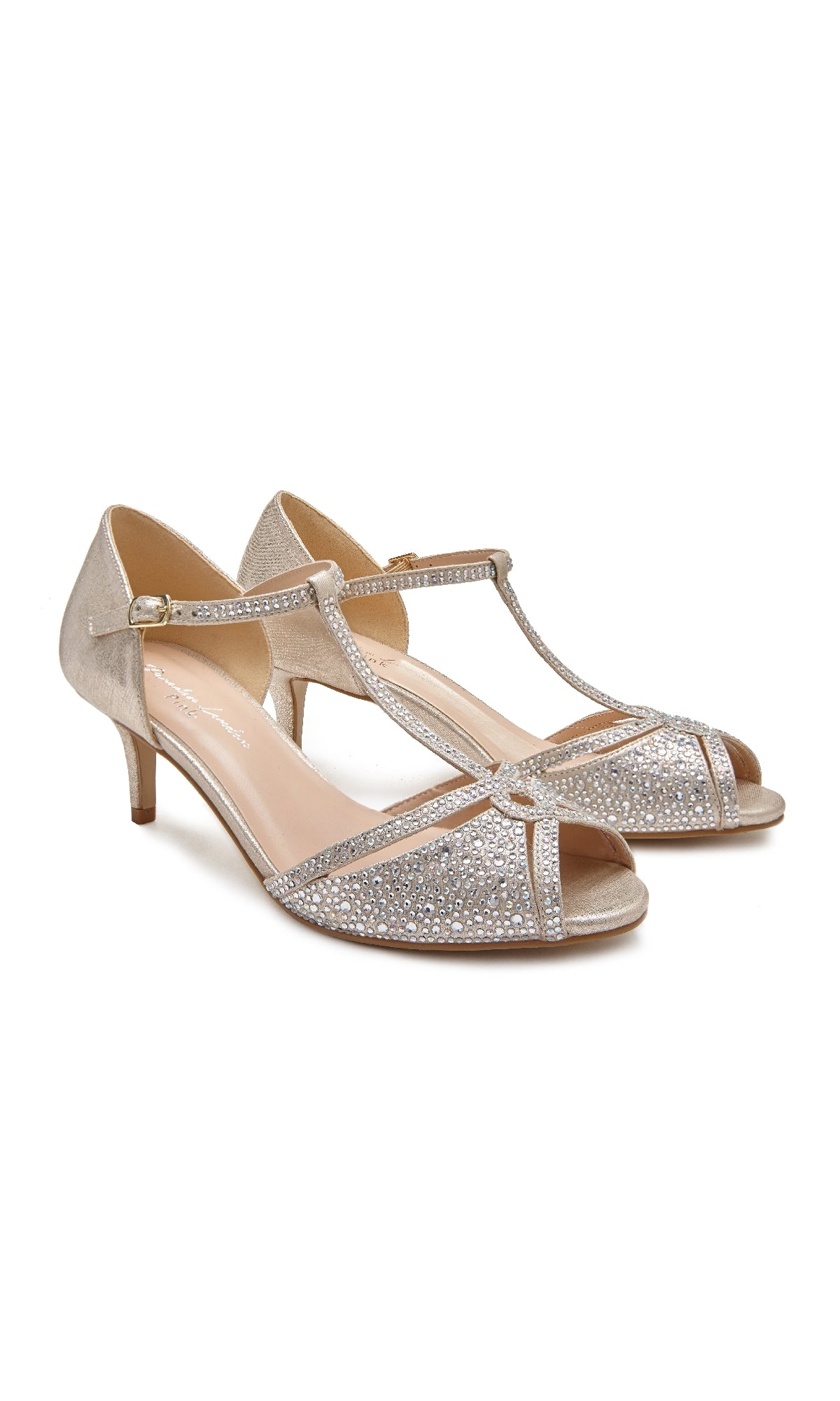 Seva Champagne Prom Shoes: Paradox London P1838 – women's gold T-strap kitten heels with rhinestones, peep toe, and ankle strap, shown on a white background.