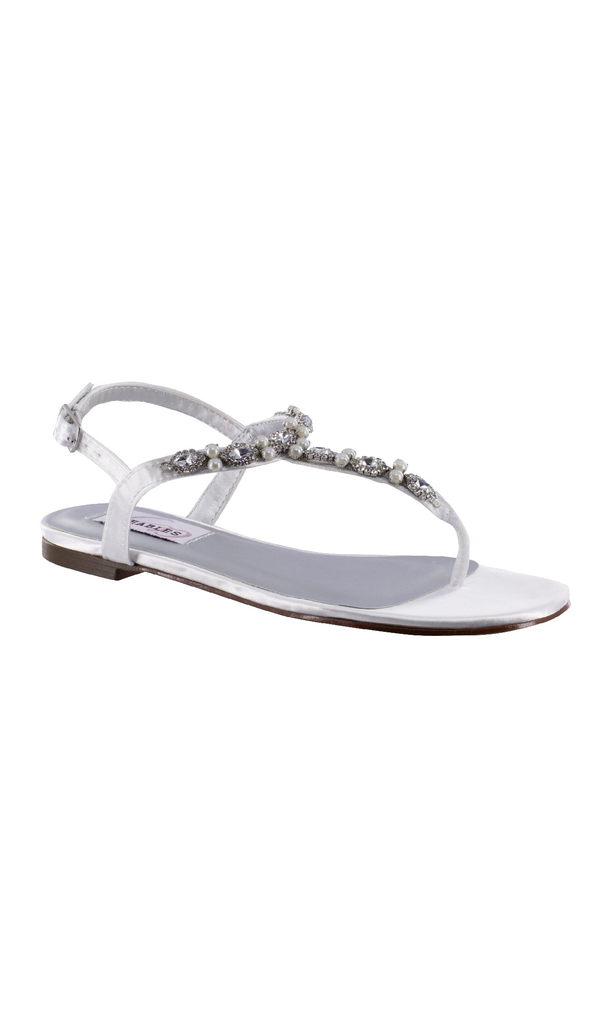 The Stella White Satin Flat Sandal Prom Shoes (Dyeables 4377) feature a thin sole, ankle strap, and beaded top strap—an elegant choice for any special event.