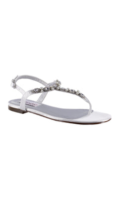 The Stella White Satin Flat Sandal Prom Shoes (Dyeables 4377) feature a thin sole, ankle strap, and beaded top strap—an elegant choice for any special event.