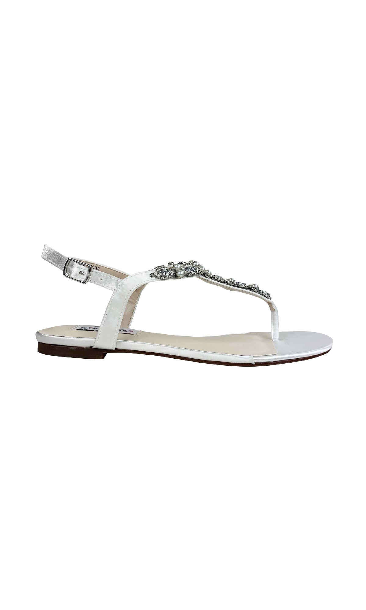 The Stella White Satin Flat Sandal Prom Shoes (Dyeables 4377) feature a silver buckle strap and rhinestone accents on the thong strap, displayed in a side profile view.