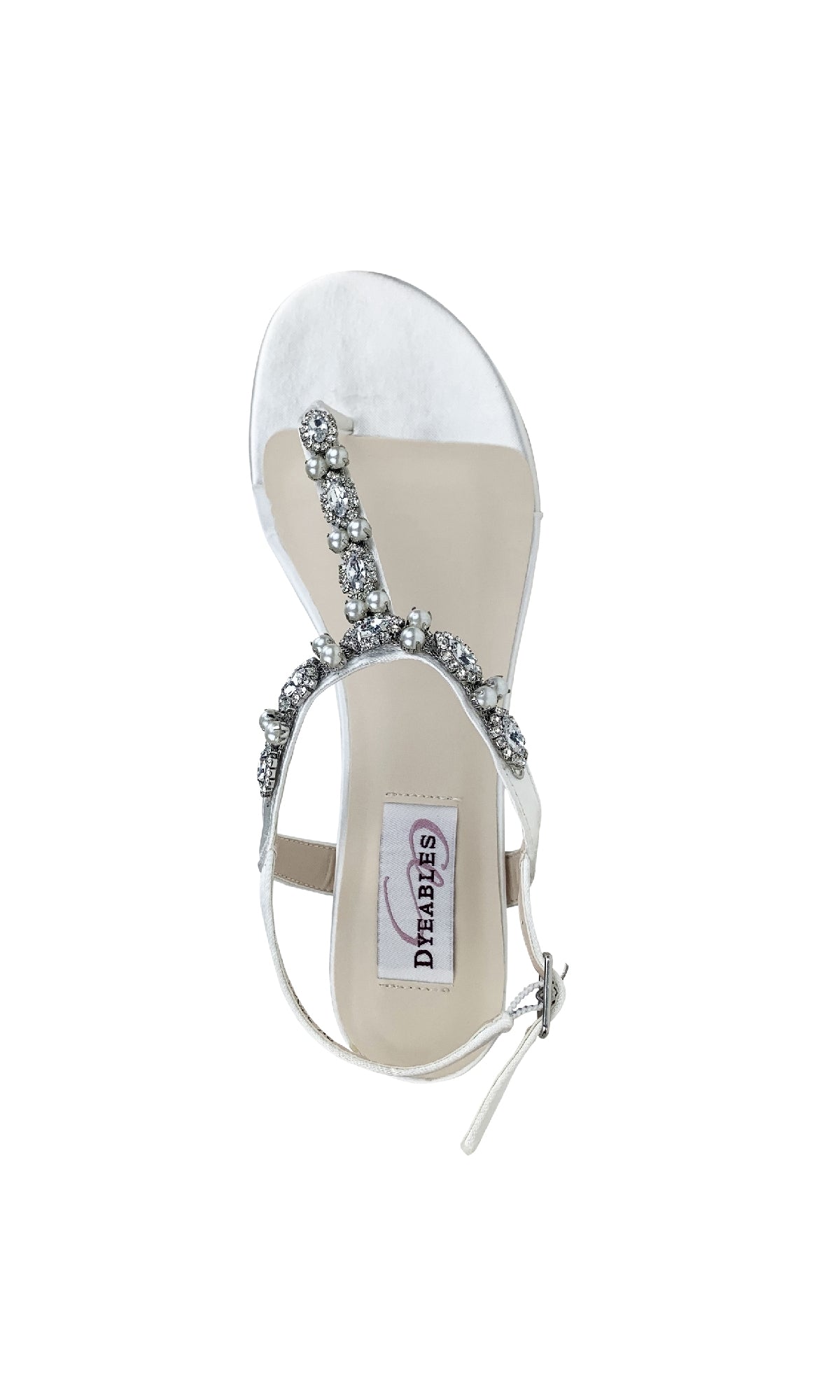 The Stella White Satin Flat Sandal Prom Shoes (Dyeables 4377) feature open toes, rhinestone-embellished straps, an ankle buckle closure, and a neutral insole—an elegant choice for prom or evening events.
